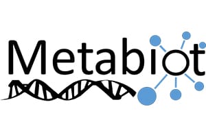 Metabiot est écrit en noir avec des molécules en couleur bleue