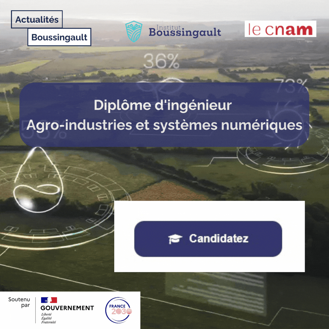 un champ et des données en arrière plan et et au premier la formation Diplôme d'ingénieur Agro-industries et systèmes numériques et le bouton candidatez
